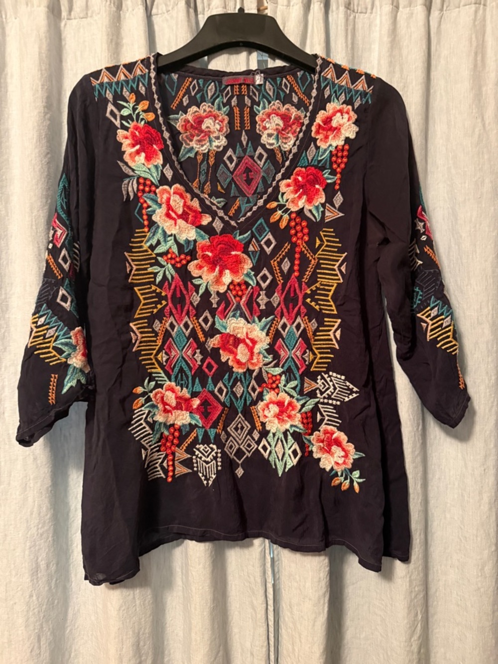 Johnny Was Navy Tunic with Red, Teal & Cream Floral Embroidery